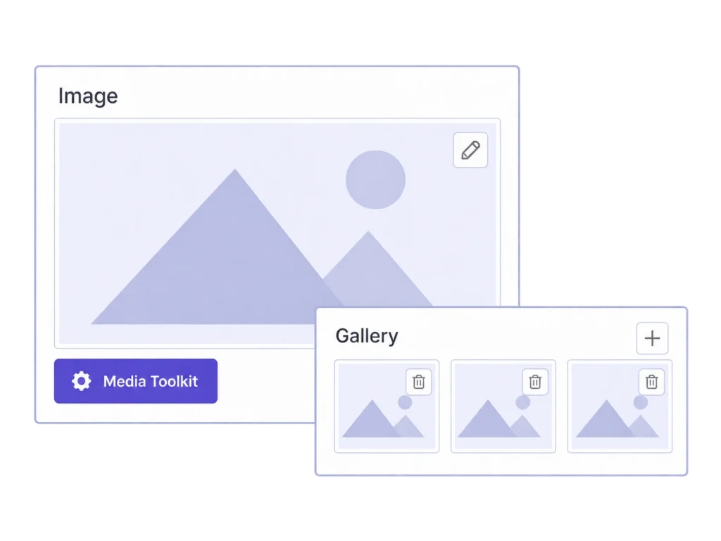 ACF image and gallery fields with a MediaToolkit button for opening image tools.