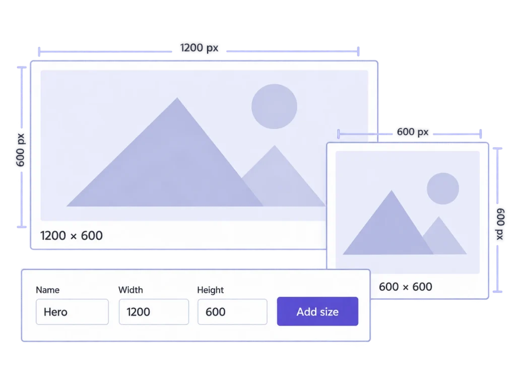 MediaToolkit image-size controls defining a 1200 × 600 hero image, with landscape and square size previews.