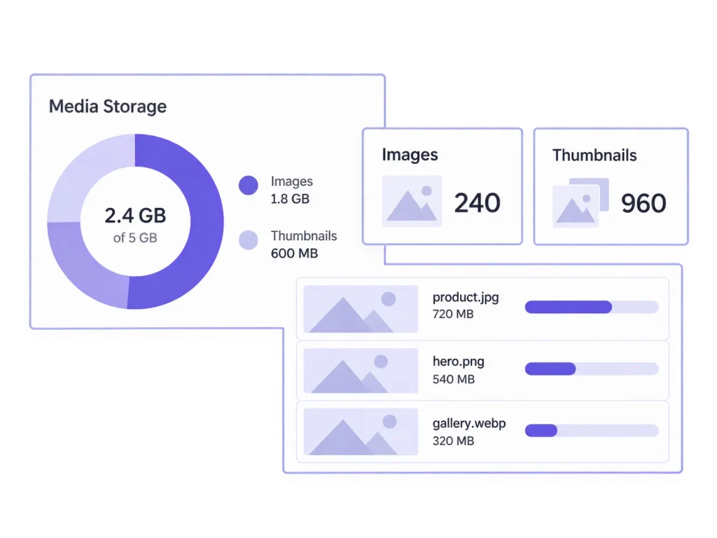 MediaToolkit storage overview showing image and thumbnail counts, their storage use and a file-size breakdown.